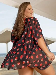 Plus Size Strawberry Print Bikini Set With Kimono Summer Beach - Multicolor - View 2