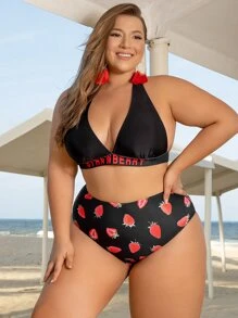 Plus Size Strawberry Print Bikini Set With Kimono Summer Beach - Multicolor - View 6