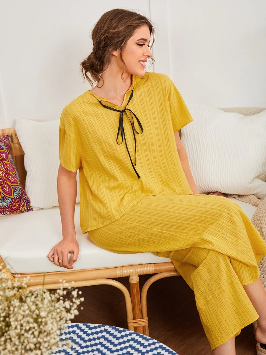 SHEIN Unity Solid Tie Front Drop Shoulder Sleep Top - Yellow - View 1