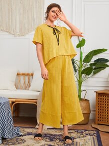 SHEIN Unity Solid Tie Front Drop Shoulder Sleep Top - Yellow - View 3