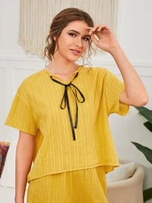 SHEIN Unity Solid Tie Front Drop Shoulder Sleep Top - Yellow - View 4
