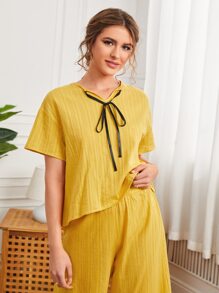 SHEIN Unity Solid Tie Front Drop Shoulder Sleep Top - Yellow - View 5