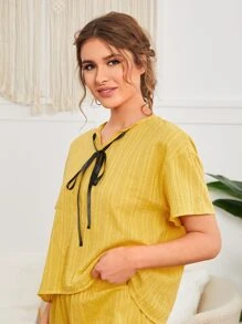 SHEIN Unity Solid Tie Front Drop Shoulder Sleep Top - Yellow - View 6