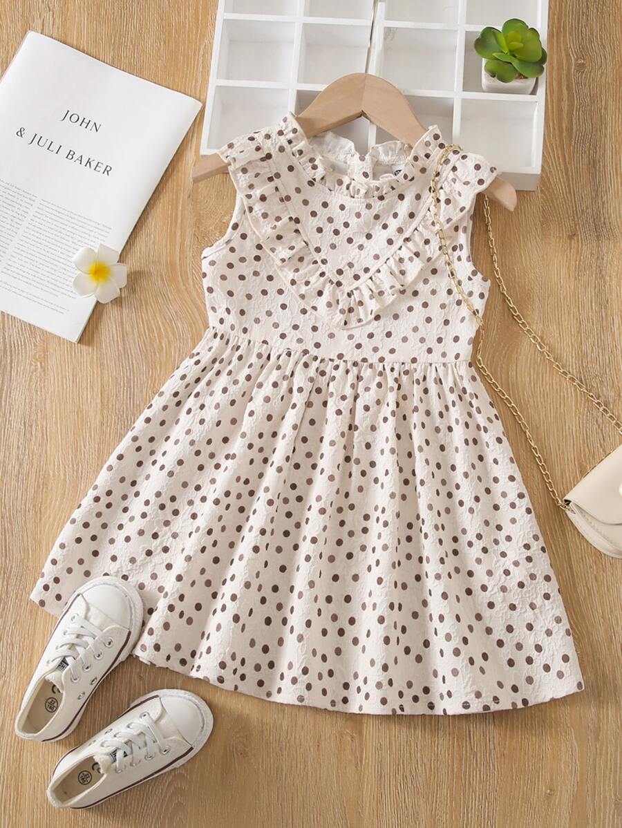 Toddler Girls Polka Dot Print Ruffle Trim Dress - Beige - View 1