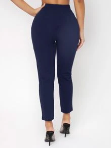 SHEIN PETITE High Waist Double Button Skinny Cropped Pants - Navy Blue - View 2