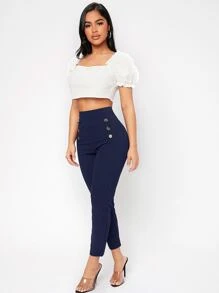 SHEIN PETITE High Waist Double Button Skinny Cropped Pants - Navy Blue - View 3