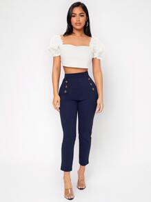 SHEIN PETITE High Waist Double Button Skinny Cropped Pants - Navy Blue - View 5