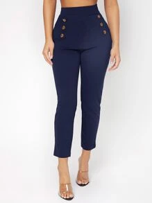 SHEIN PETITE High Waist Double Button Skinny Cropped Pants - Navy Blue - View 6