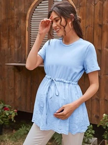 SHEIN 孕婦裝抽繩網眼刺繡T恤 - 淺藍色 - 查看 1
