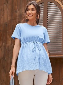 SHEIN 孕婦裝抽繩網眼刺繡T恤 - 淺藍色 - 查看 3