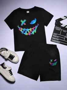 SHEIN 小男童反光表情圖案T恤和短褲 - 黑色 - 查看 1
