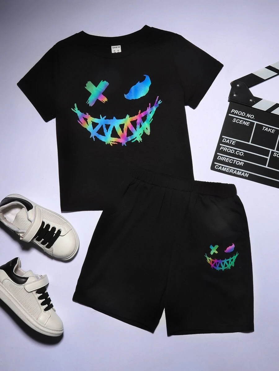 SHEIN 小男童反光表情圖案T恤和短褲 - 黑色 - 查看 1