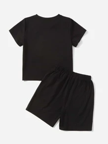 SHEIN 小男童反光表情圖案T恤和短褲 - 黑色 - 查看 2