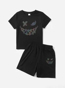 SHEIN 小男童反光表情圖案T恤和短褲 - 黑色 - 查看 3