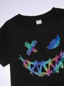 SHEIN 小男童反光表情圖案T恤和短褲 - 黑色 - 查看 4