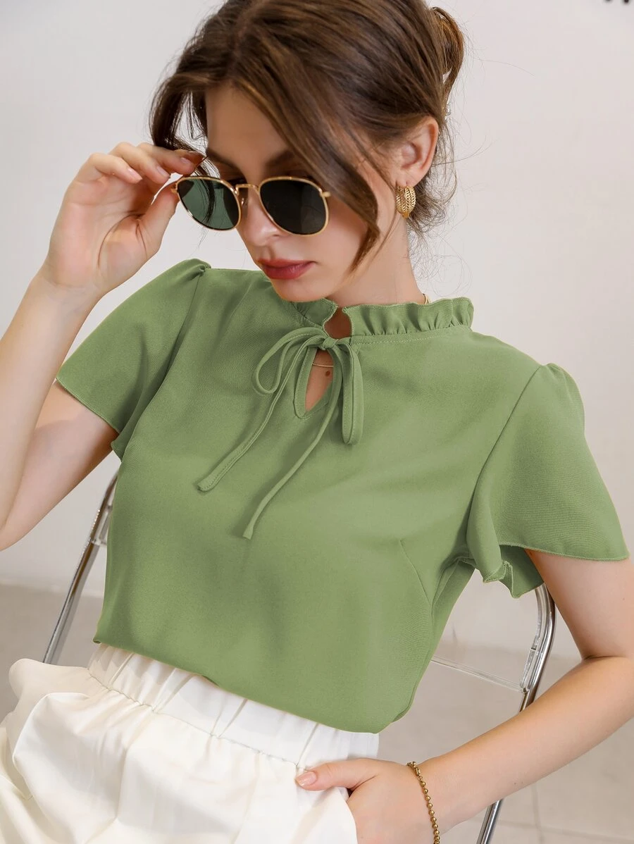 Mulvari Blusa de cuello con corbata y mangas abullonadas, blusas de manga corta - Verde Lima - Ver 1