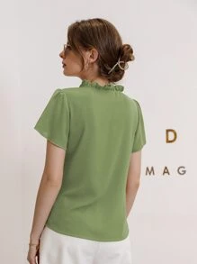 Mulvari Blusa de cuello con corbata y mangas abullonadas, blusas de manga corta - Verde Lima - Ver 2