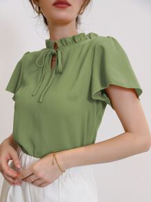 Mulvari Blusa de cuello con corbata y mangas abullonadas, blusas de manga corta - Verde Lima - Ver 3