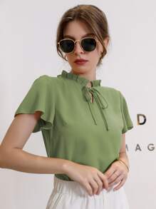 Mulvari Blusa de cuello con corbata y mangas abullonadas, blusas de manga corta - Verde Lima - Ver 4