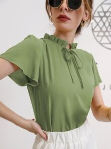 Mulvari Blusa de cuello con corbata y mangas abullonadas, blusas de manga corta - Verde Lima - Ver 5