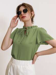 Mulvari Blusa de cuello con corbata y mangas abullonadas, blusas de manga corta - Verde Lima - Ver 6