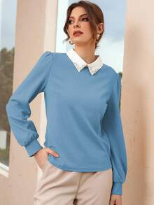 Modelyn Contrast Collar Pearls Beaded Puff Sleeve Blouse - Baby Blue - View 4