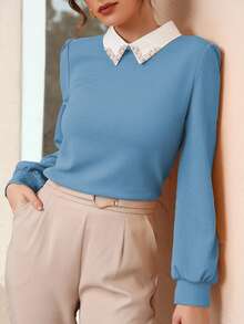 Modelyn Contrast Collar Pearls Beaded Puff Sleeve Blouse - Baby Blue - View 6