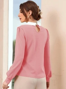 Mulvari Contrast Collar Pearls Beaded Puff Sleeve Blouse - Dusty Pink - View 2