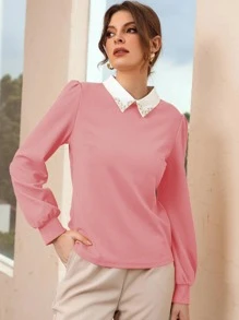 Mulvari Contrast Collar Pearls Beaded Puff Sleeve Blouse - Dusty Pink - View 4
