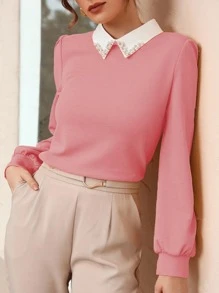 Mulvari Contrast Collar Pearls Beaded Puff Sleeve Blouse - Dusty Pink - View 6