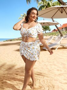 SHEIN Swim Curve Summer Beach 2 Packs Plus Size Daisy Print Drawstring Front Bikini Top With Beach Skirt - Multicolor - View 4