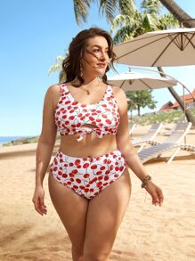 Swim Mod Plus Size Cherry Print Knot Hem Bikini Set Summer Beach - Red and White - View 5