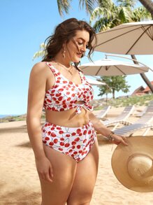 Swim Mod Plus Size Cherry Print Knot Hem Bikini Set Summer Beach - Red and White - View 3