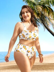 Plus Size Lemon Print Bikini Set Summer Beach - Multicolor - View 3