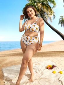 Plus Size Lemon Print Bikini Set Summer Beach - Multicolor - View 4