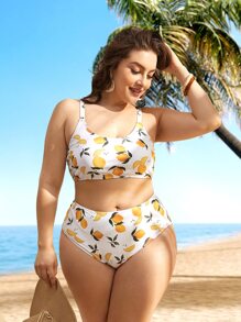 Plus Size Lemon Print Bikini Set Summer Beach - Multicolor - View 5