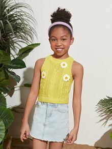 SHEIN Girls Cable Knit Floral Patch Knit Top - Yellow - View 4
