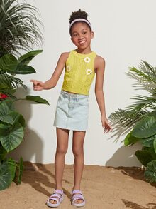 SHEIN Girls Cable Knit Floral Patch Knit Top - Yellow - View 5