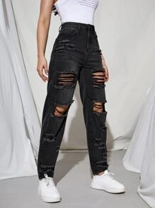 SHEIN EZwear High Waist Cut Out Ripped Mom Fit Jeans - Black - View 1