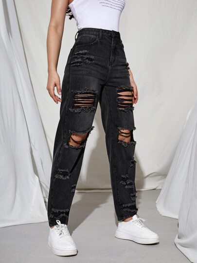 High Waist Cut Out Ripped Mom Fit Jeans