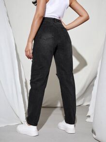 SHEIN EZwear High Waist Cut Out Ripped Mom Fit Jeans - Black - View 2