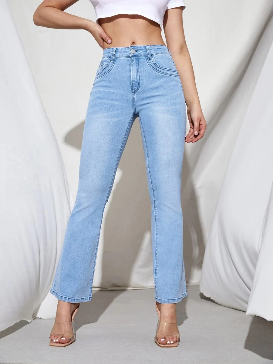 SHEIN PETITE High Stretch Bootcut Jeans - Light Wash - View 1