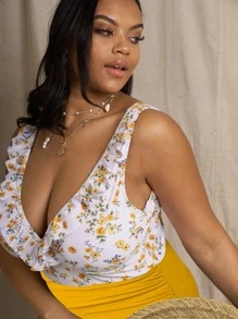 SHEIN Swim Curve Plus Contrast Floral Print Ruffle Trim Ruched One Piece Swimsuit, For Summer Beach Vacation - Multicolor - View 4