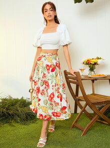 SHEIN Privé Puff Sleeve Frill Trim Crop Top - White - View 4