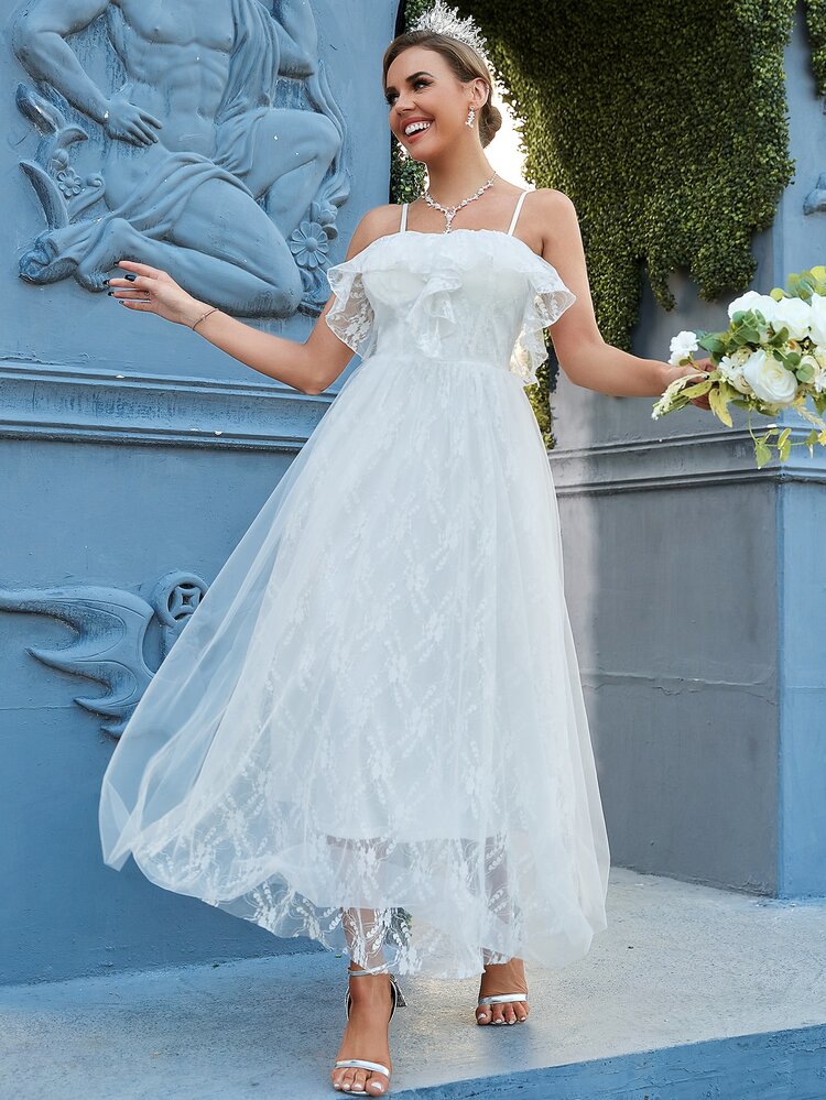YISIKADO Ruffle Trim Tie Back Lace Cami Wedding Dress | SHEIN USA