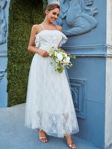 YISIKADO 荷葉邊後綁帶蕾絲吊帶婚紗洋裝 - 白色 - 查看 6