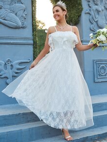 YISIKADO 荷葉邊後綁帶蕾絲吊帶婚紗洋裝 - 白色 - 查看 7