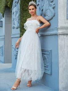 YISIKADO 荷葉邊後綁帶蕾絲吊帶婚紗洋裝 - 白色 - 查看 8