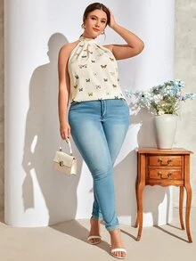 SHEIN Clasi Áo sơ mi Plus Size Buộc lại Loại bướm Boho - Nhiều màu - Xem 4