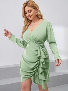 Plus Overlap Collar Ruched Draped Side Dress - Green - View 3